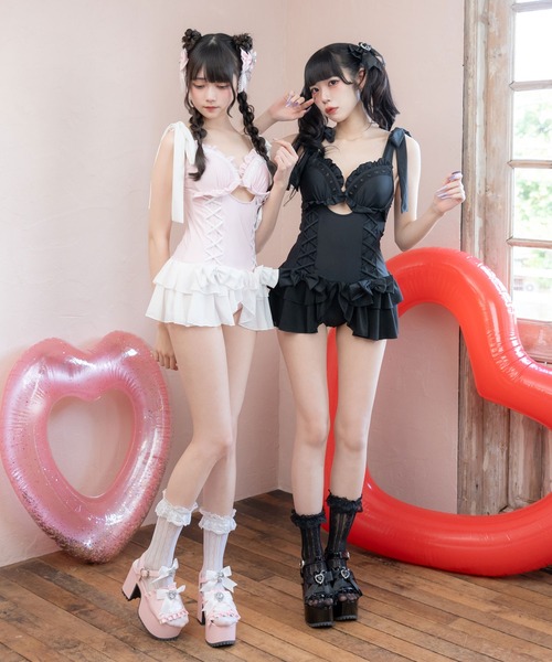 DearMyLove（ディアマイラブ）の「レースアップランジェリー水着（水着・レディース・チェック/パープル/ブラック/ベビーピンク・LL/LARGE/MEDIUM）」の7枚目の写真