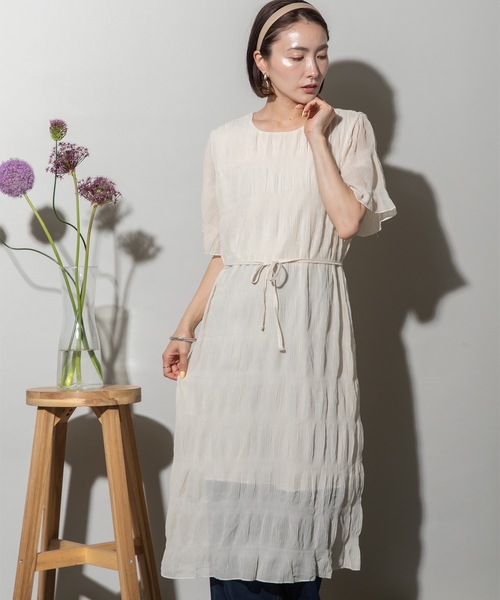 【sandro】関税込 イエロー クレポン ミディワンピース ルーシュ セール】シフォン ワッシャーシアーワンピース（ワンピース
