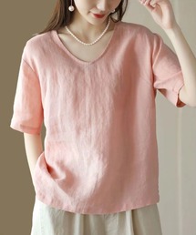 麻混 Vネック 5分袖シャツ