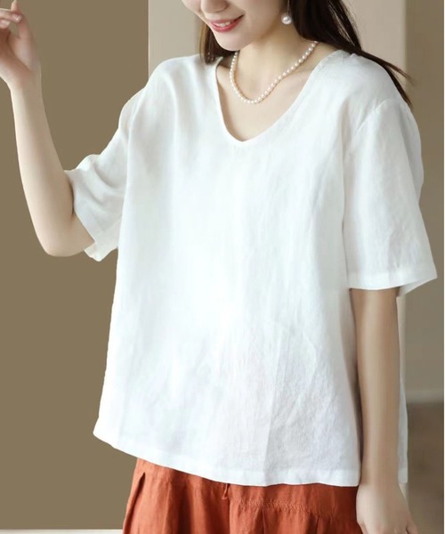BLANC FICELLE(ブランフィセル)の「麻混 Vネック 5分袖シャツ(シャツ/ブラウス・レディース・ホワイト/ピンク/パープル/イエロー・M/L/XL)」の6枚目の写真