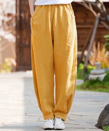 薄手 麻混 ワイドパンツ