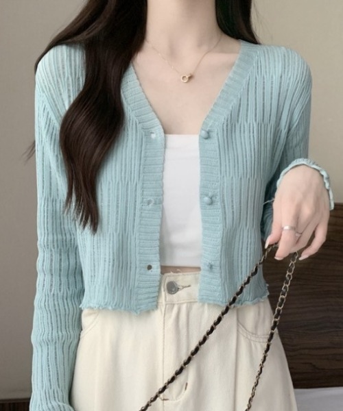 yuue' ( wear )(ユーイ)の「透かしランダムリブVネックショートカーディガン/冷房対策 UVカット(カーディガン/ボレロ・レディース・ブラウン/ホワイト/ライトブルー/ブラック/アイボリー・FREE)」の5枚目の写真
