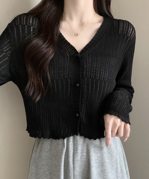 yuue' ( wear )(ユーイ)の「透かしランダムリブVネックショートカーディガン/冷房対策 UVカット(カーディガン/ボレロ・レディース・ブラウン/ホワイト/ライトブルー/ブラック/アイボリー・FREE)」の1枚目の写真