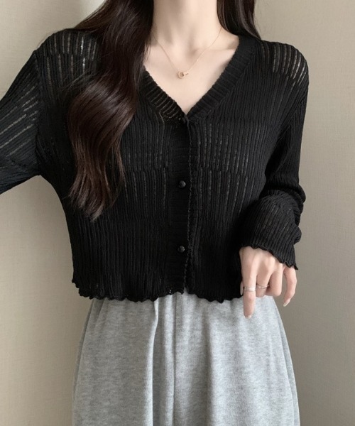 yuue' ( wear )(ユーイ)の「透かしランダムリブVネックショートカーディガン/冷房対策 UVカット(カーディガン/ボレロ・レディース・ブラウン/ホワイト/ライトブルー/ブラック/アイボリー・FREE)」の15枚目の写真