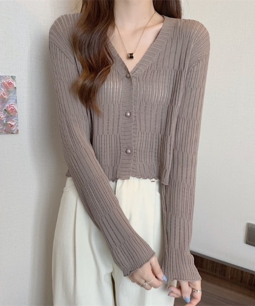 yuue' ( wear )(ユーイ)の「透かしランダムリブVネックショートカーディガン/冷房対策 UVカット(カーディガン/ボレロ・レディース・ブラウン/ホワイト/ライトブルー/ブラック/アイボリー・FREE)」の13枚目の写真