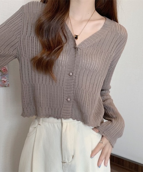 yuue' ( wear )(ユーイ)の「透かしランダムリブVネックショートカーディガン/冷房対策 UVカット(カーディガン/ボレロ・レディース・ブラウン/ホワイト/ライトブルー/ブラック/アイボリー・FREE)」の12枚目の写真