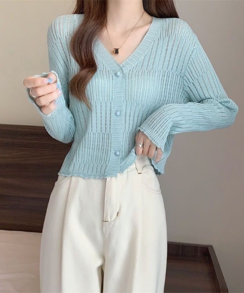yuue' ( wear )(ユーイ)の「透かしランダムリブVネックショートカーディガン/冷房対策 UVカット(カーディガン/ボレロ・レディース・ブラウン/ホワイト/ライトブルー/ブラック/アイボリー・FREE)」の11枚目の写真