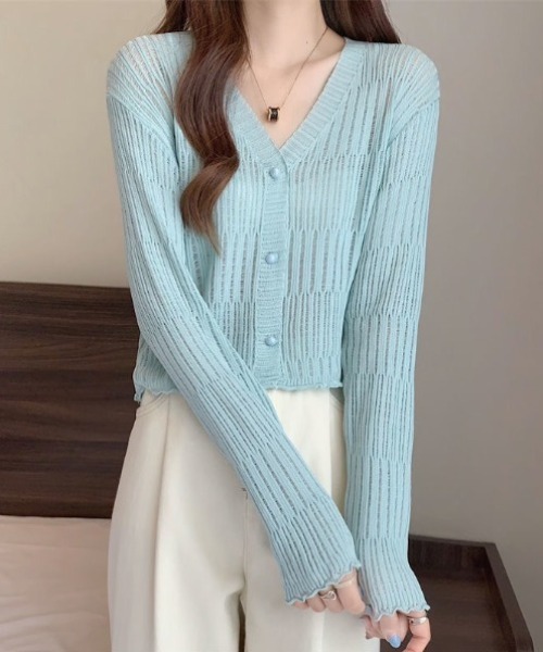 yuue' ( wear )(ユーイ)の「透かしランダムリブVネックショートカーディガン/冷房対策 UVカット(カーディガン/ボレロ・レディース・ブラウン/ホワイト/ライトブルー/ブラック/アイボリー・FREE)」の10枚目の写真