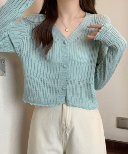 yuue' ( wear )(ユーイ)の「透かしランダムリブVネックショートカーディガン/冷房対策 UVカット(カーディガン/ボレロ・レディース・ブラウン/ホワイト/ライトブルー/ブラック/アイボリー・FREE)」の8枚目の写真