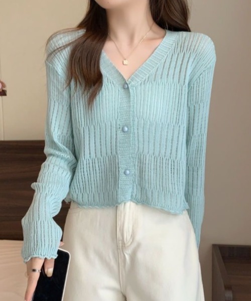 yuue' ( wear )(ユーイ)の「透かしランダムリブVネックショートカーディガン/冷房対策 UVカット(カーディガン/ボレロ・レディース・ブラウン/ホワイト/ライトブルー/ブラック/アイボリー・FREE)」の7枚目の写真