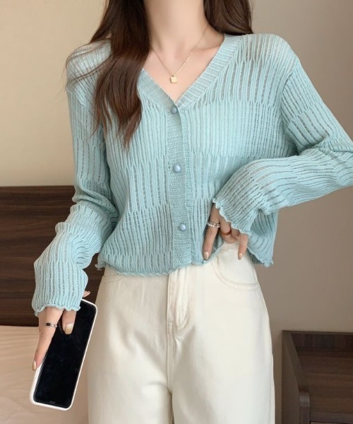 yuue' ( wear )(ユーイ)の「透かしランダムリブVネックショートカーディガン/冷房対策 UVカット(カーディガン/ボレロ・レディース・ブラウン/ホワイト/ライトブルー/ブラック/アイボリー・FREE)」の6枚目の写真