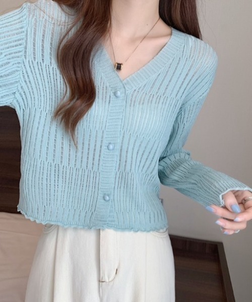 yuue' ( wear )(ユーイ)の「透かしランダムリブVネックショートカーディガン/冷房対策 UVカット(カーディガン/ボレロ・レディース・ブラウン/ホワイト/ライトブルー/ブラック/アイボリー・FREE)」の9枚目の写真
