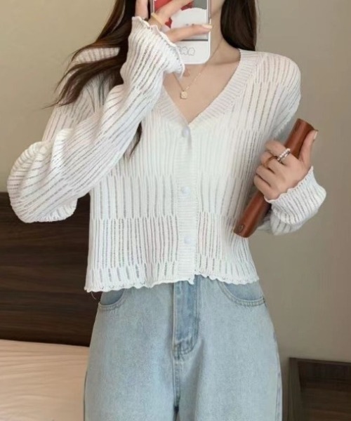 yuue' ( wear )(ユーイ)の「透かしランダムリブVネックショートカーディガン/冷房対策 UVカット(カーディガン/ボレロ・レディース・ブラウン/ホワイト/ライトブルー/ブラック/アイボリー・FREE)」の17枚目の写真