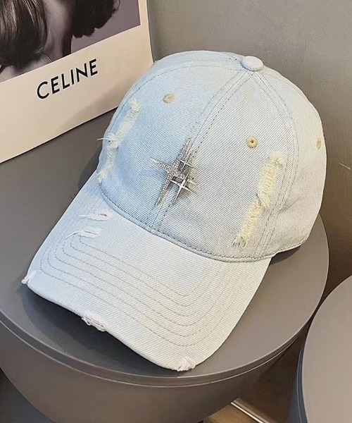 Ressaca（レサーカ）の「ダメージ加工ラインストーンデニムベースボールキャップ（キャップ・レディース・ライトブルー/ブラック・FREE）」の8枚目の写真