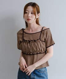 ギンガムチェック オフショルダー」に該当するトップス