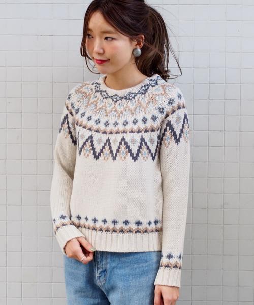 Another Edition(アナザーエディション)の「ウールアクリル求心ジャカードプルオーバー/AEBC W/AC キュウシンJQ PO(ニット/セーター・レディース・オフホワイト/ネイビー・フリー)」の2枚目の写真