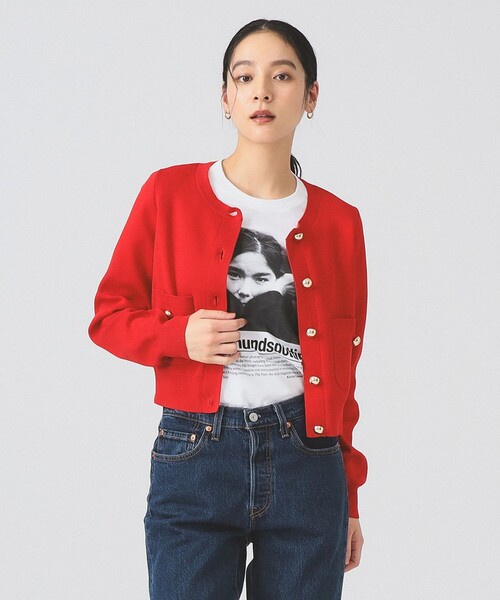 Ray BEAMS（レイビームス）の「メタル ボタン クルーネック カーディガン [手洗い可]（ニット/セーター・レディース・ブラック/ホワイト系その他6/レッド・ONE SIZE）」の3枚目の写真