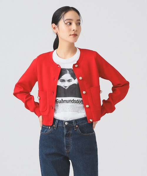 Ray BEAMS（レイビームス）の「メタル ボタン クルーネック カーディガン [手洗い可]（ニット/セーター・レディース・ブラック/ホワイト系その他6/レッド・ONE SIZE）」の15枚目の写真