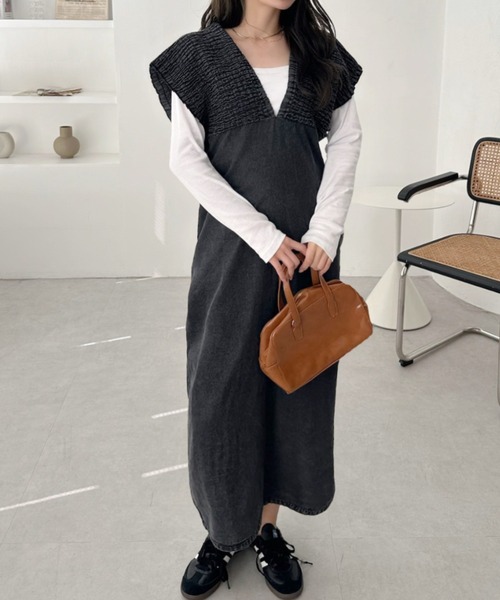 A.D.C.L.（エーディーシーエル）の「シャーリング切替 ミディ丈 デニムワンピース（ワンピース・レディース・ブラック/ブルー・M/L）」の15枚目の写真