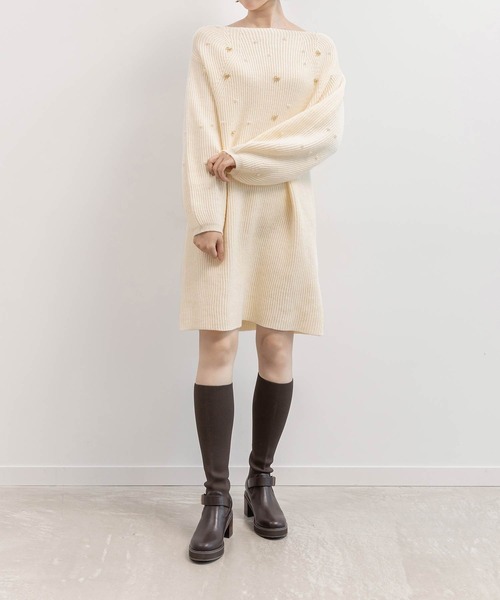 RANDA(ランダ)の「【選べる丈感】リボン×パール付きミニニットワンピース(ワンピース・レディース・ピンク/ホワイト・FT/FREE)」の1枚目の写真