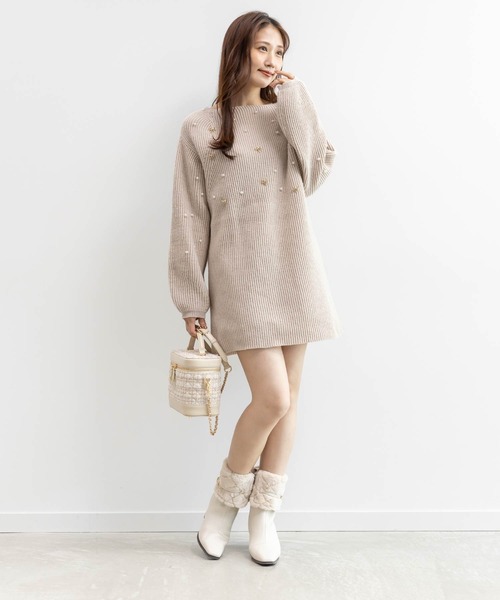 RANDA(ランダ)の「【選べる丈感】リボン×パール付きミニニットワンピース(ワンピース・レディース・ピンク/ホワイト・FT/FREE)」の2枚目の写真