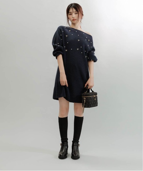 RANDA(ランダ)の「【選べる丈感】リボン×パール付きミニニットワンピース(ワンピース・レディース・ピンク/ホワイト・FT/FREE)」の3枚目の写真