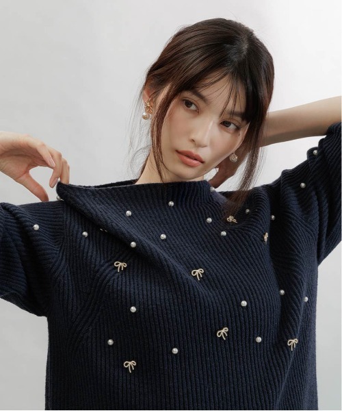 RANDA(ランダ)の「【選べる丈感】リボン×パール付きミニニットワンピース(ワンピース・レディース・ピンク/ホワイト・FT/FREE)」の5枚目の写真