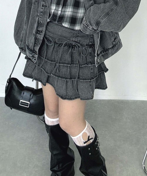 AS KNOW AS plus（アズノゥアズプラス）の「♪リボンとティアードミニスカート セットアップ対応（スカート・レディース・ブラック系1/キャメル/スミクロ/ブラック系/ブラウン/サックスブルー系/カモフラージュ/ブラック系2/ネイビー系・FREE）」の5枚目の写真