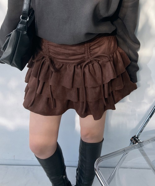 AS KNOW AS plus（アズノゥアズプラス）の「♪リボンとティアードミニスカート セットアップ対応（スカート・レディース・ブラック系1/キャメル/スミクロ/ブラック系/ブラウン/サックスブルー系/カモフラージュ/ブラック系2/ネイビー系・FREE）」の6枚目の写真