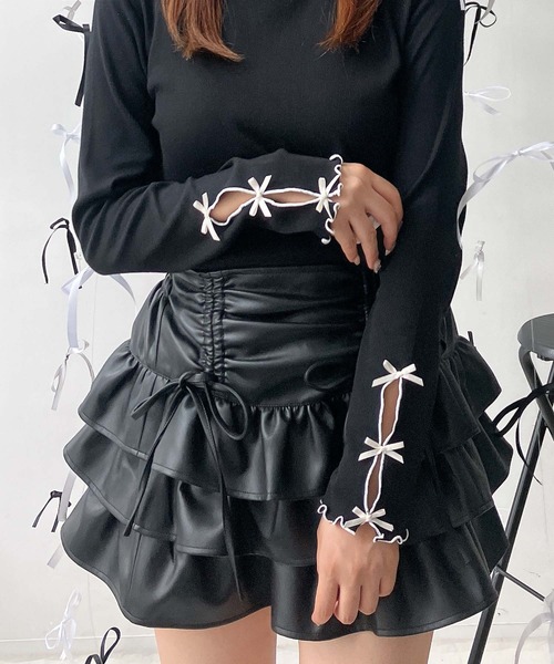 AS KNOW AS plus（アズノゥアズプラス）の「♪リボンとティアードミニスカート セットアップ対応（スカート・レディース・ブラック系1/キャメル/スミクロ/ブラック系/ブラウン/サックスブルー系/カモフラージュ/ブラック系2/ネイビー系・FREE）」の17枚目の写真