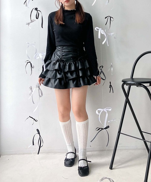 AS KNOW AS plus（アズノゥアズプラス）の「♪リボンとティアードミニスカート セットアップ対応（スカート・レディース・ブラック系1/キャメル/スミクロ/ブラック系/ブラウン/サックスブルー系/カモフラージュ/ブラック系2/ネイビー系・FREE）」の22枚目の写真