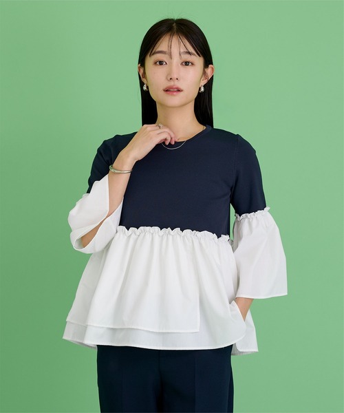 UR'S(ユアーズ)の「異素材ドッキングフレアプルオーバー(Tシャツ/カットソー・レディース・ホワイト/ブラック/ネイビー・S/M/L)」の3枚目の写真