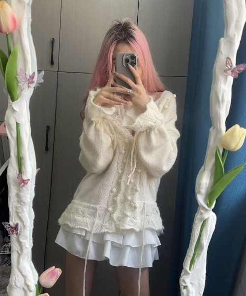 almo（アルモ）の「【LAMPOON】ポンポンニットカーディガン（カーディガン/ボレロ・レディース・グレー/アイボリー・FREE）」の7枚目の写真