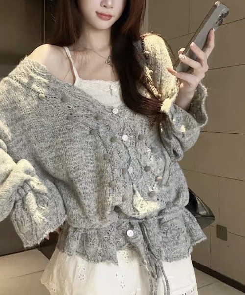 almo（アルモ）の「【LAMPOON】ポンポンニットカーディガン（カーディガン/ボレロ・レディース・グレー/アイボリー・FREE）」の10枚目の写真