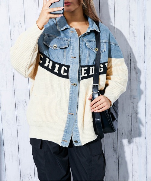 セール】《デニム×ニット切替》レディース Gジャン 配色ロゴ入り 異