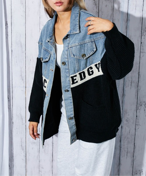 セール】《デニム×ニット切替》レディース Gジャン 配色ロゴ入り