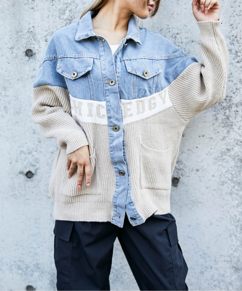 GORGE(ゴージ)の「《デニム×ニット切替》レディース Gジャン 配色ロゴ入り 異素材MIX 秋冬(デニムジャケット・レディース・ブラック/ベージュ/アイボリー・F)」の6枚目の写真