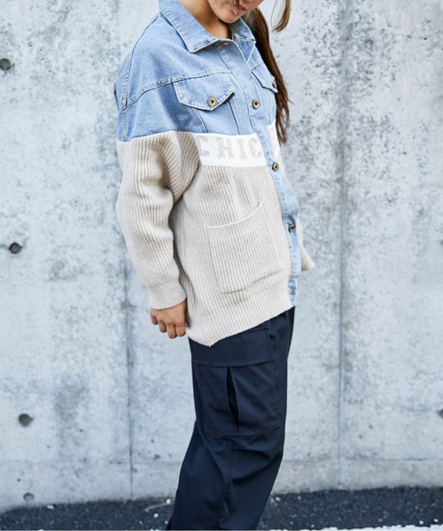 【美品】ダイアグラム ケーブルニット 切り替え デニムジャケット 異素材 美品】ダイアグラム ケーブルニット 切り替え デニムジャケット