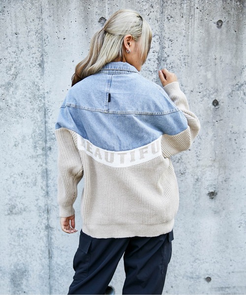 セール】《デニム×ニット切替》レディース Gジャン 配色ロゴ入り