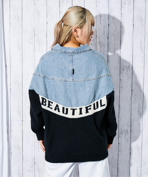 セール】《デニム×ニット切替》レディース Gジャン 配色ロゴ入り