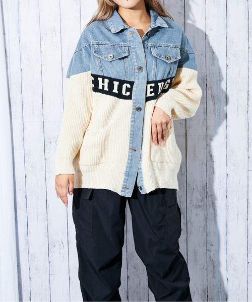 【美品】ダイアグラム ケーブルニット 切り替え デニムジャケット 異素材 txt8829x-3.jpg