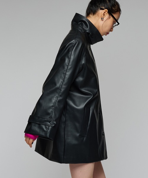 セール】フェイクレザーハーフジャケット/モード/スタンドネック