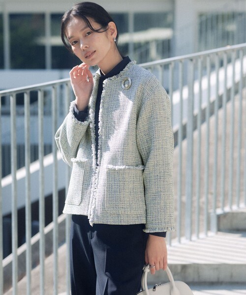 size SHORTあり］ミックス ツイードライク ポケット ノーカラー