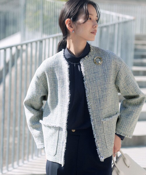 green label relaxing（グリーンレーベルリラクシング）の「［size SHORTあり］ミックス ツイードライク ポケット ノーカラー ジャケット（ノーカラージャケット・レディース・ネイビー/コバルトブルー・38/36/SHORT）」の4枚目の写真