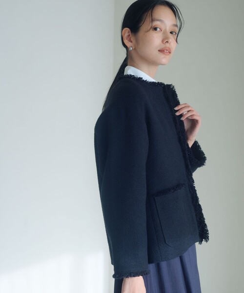 size SHORTあり］ミックス ツイードライク ポケット ノーカラー