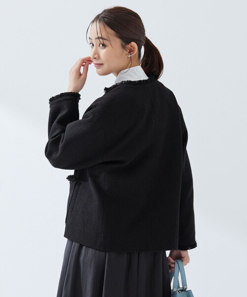 size SHORTあり］ミックス ツイードライク ポケット ノーカラー