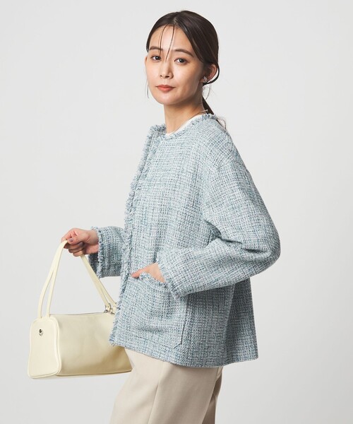 size SHORTあり］ミックス ツイードライク ポケット ノーカラー