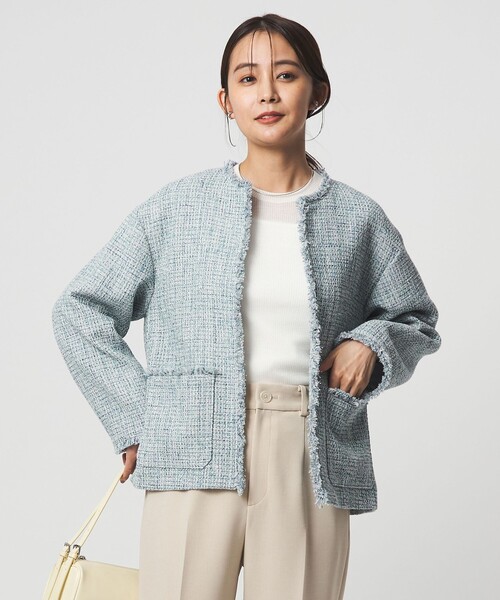 green label relaxing（グリーンレーベルリラクシング）の「［size SHORTあり］ミックス ツイードライク ポケット ノーカラー ジャケット（ノーカラージャケット・レディース・ネイビー/コバルトブルー・38/36/SHORT）」の19枚目の写真