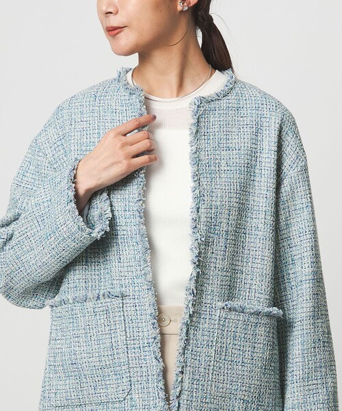 size SHORTあり］ミックス ツイードライク ポケット ノーカラー