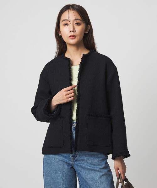 size SHORTあり］ミックス ツイードライク ポケット ノーカラー